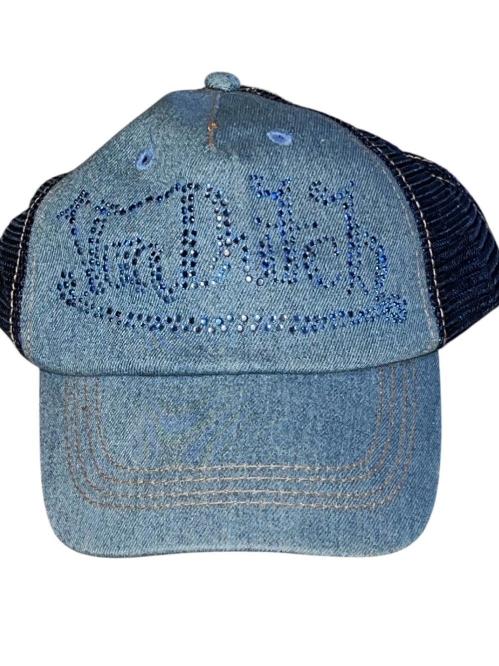 Von Dutch Denim Rhinestone Truckers Cap in Light and Dark Blue